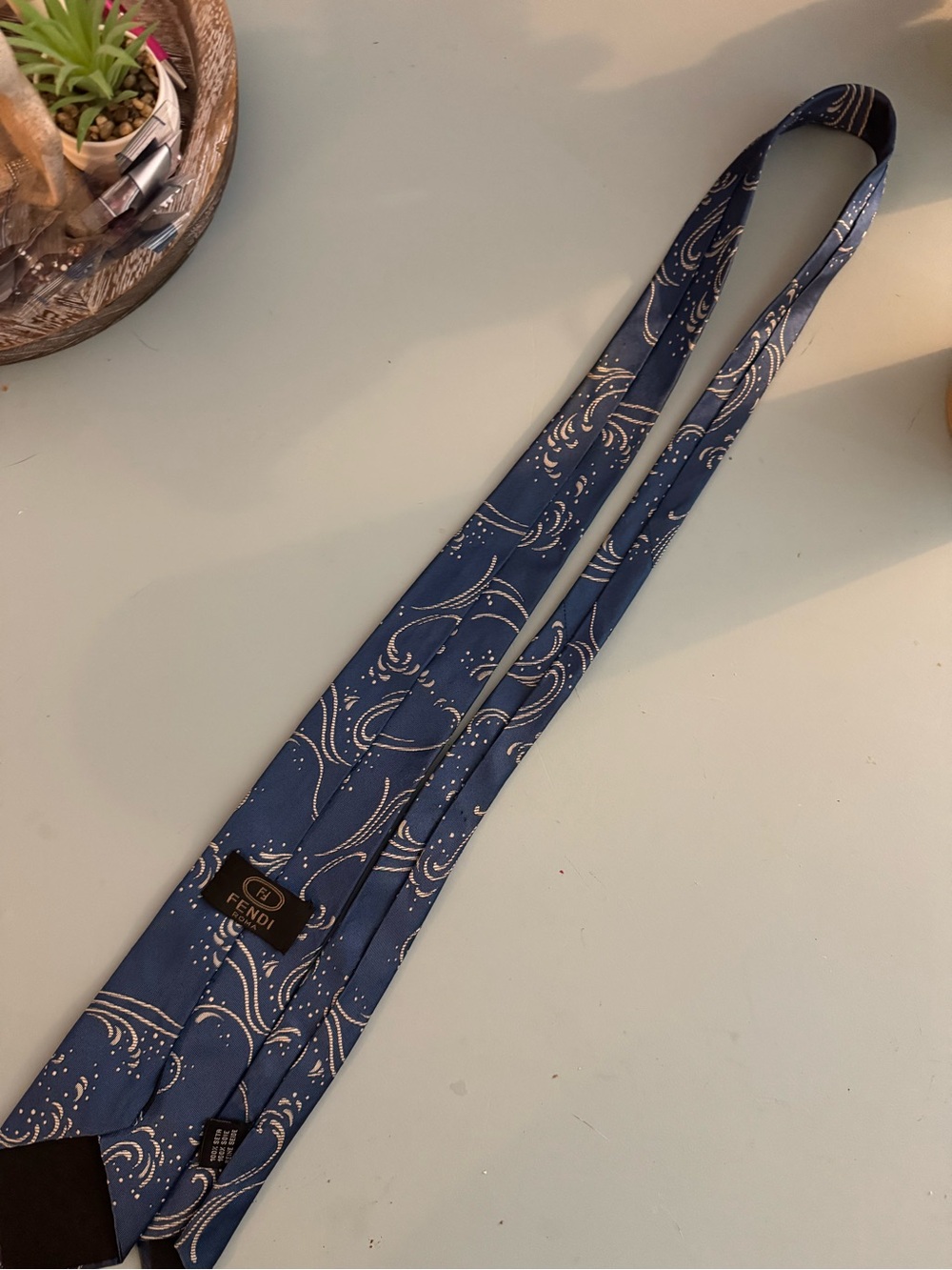 FENDI VINTAGE 100% SILK Navy Blue Silk Tie with Ivory Swirl Pattern RARE